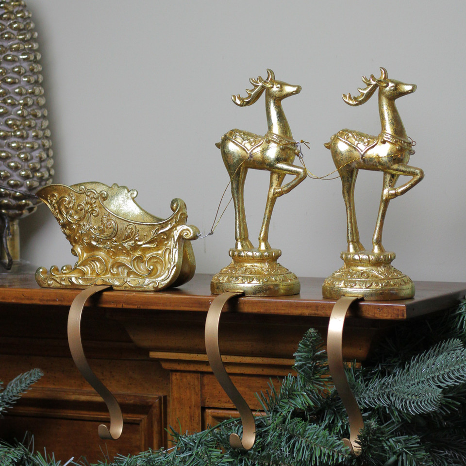3Piece Gold Weathered Reindeer & Sleigh Christmas Stocking Holder